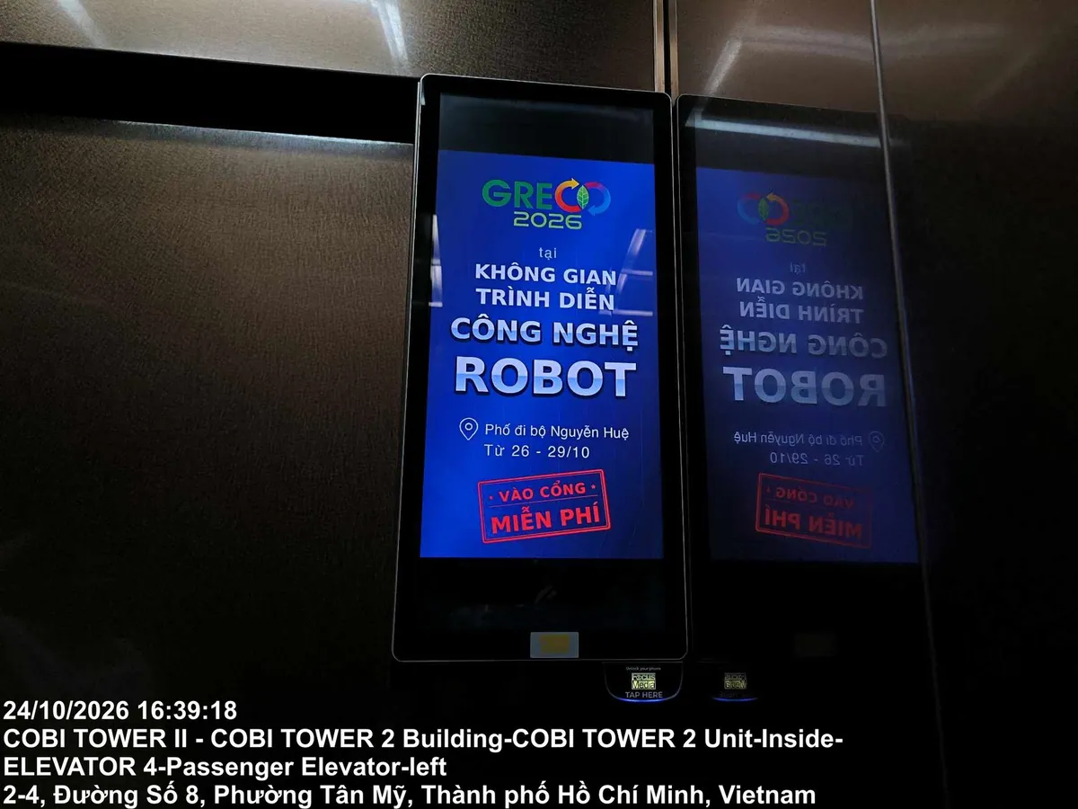 Màn hình quảng cáo chương trình robot GRECO 2026 tại Toà nhà Cobi Tower II