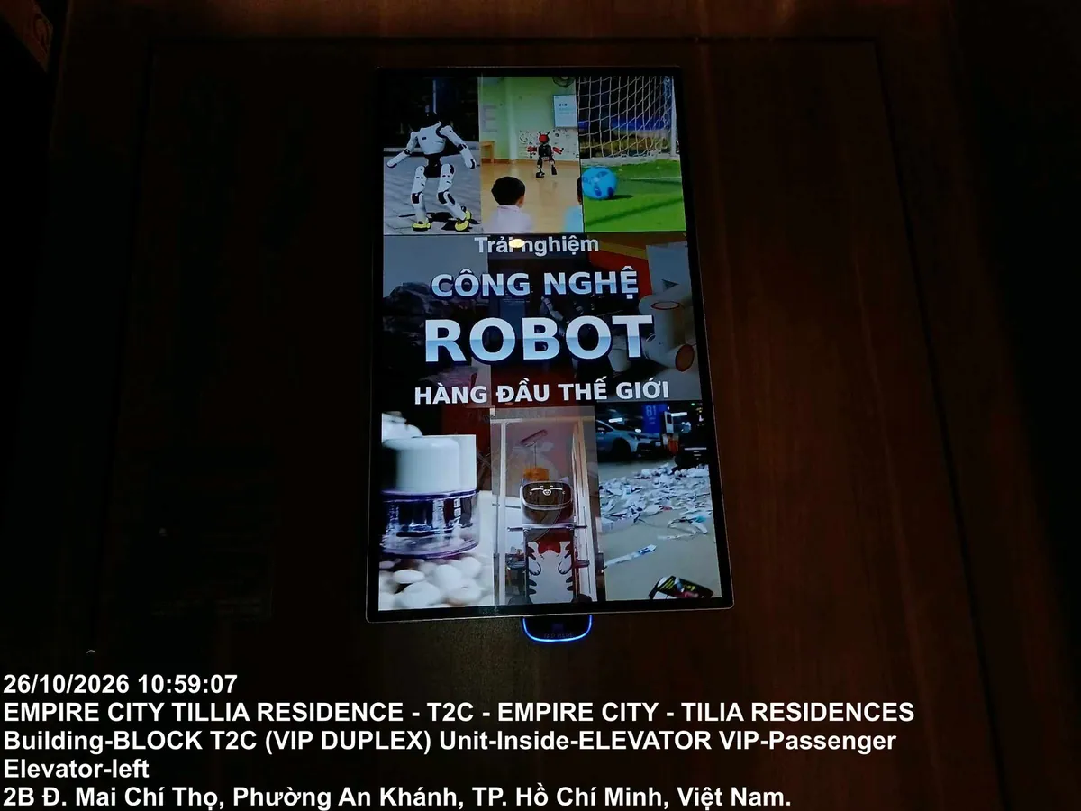 Màn hình quảng cáo chương trình robot GRECO 2026 tại Tháp T2C, Tilia Residences – Khu căn hộ Empire City