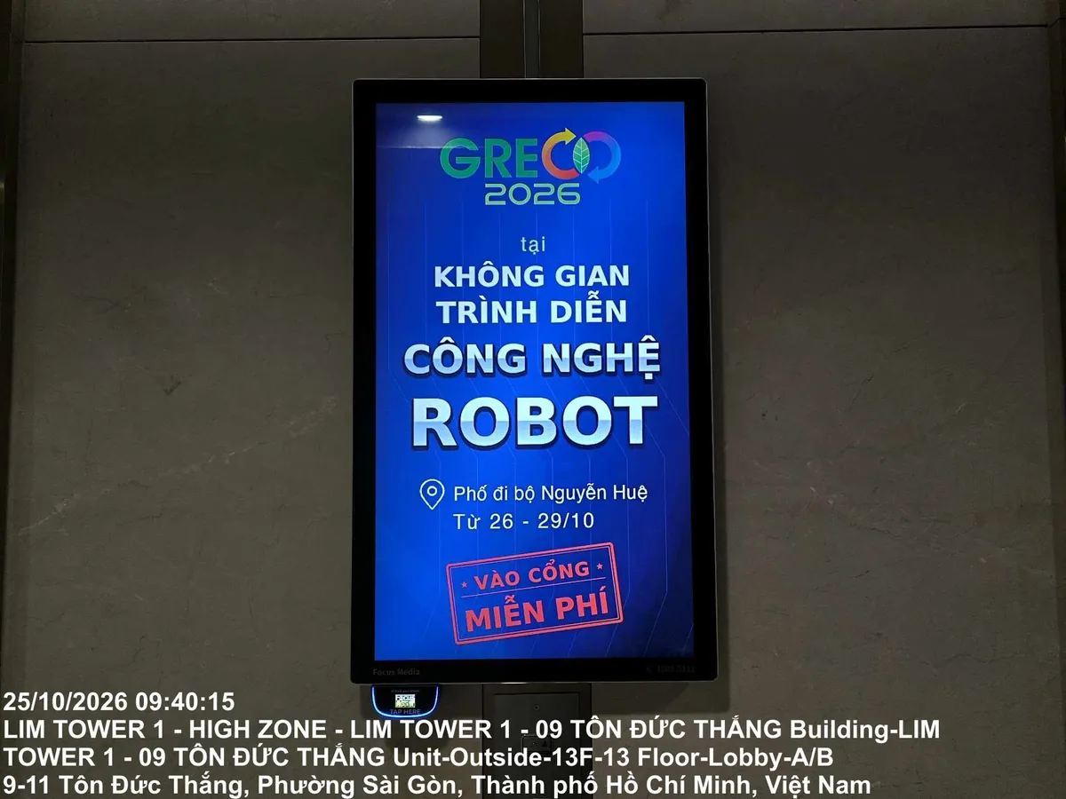 Màn hình quảng cáo chương trình robot GRECO 2026 tại Toà nhà LIM Tower 1